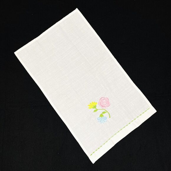 VTG kitchen Tea towel linen offWhite Embroidered Flower 19 1/2" x 11 1/2" Kitchy - Picture 4 of 7
